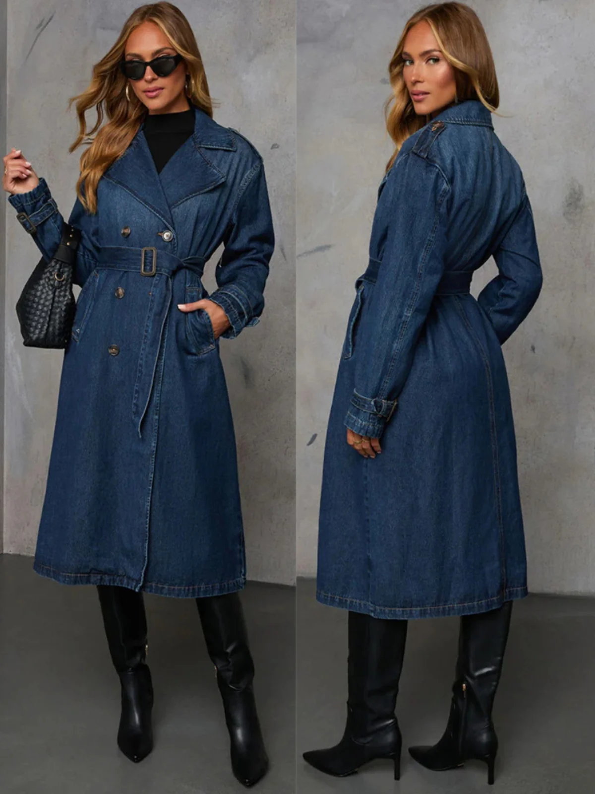 

Retro Sle Denim Trench Coat Faionable Women's Coat Classic Personali Streetwear Long Sve Mid-Length Double-Breasted