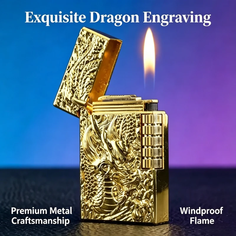 Classic Grinding Wheel Dragon Gas Lighter, Embossed Metal Jet Flame Butane Lighter With Bright Ping Sound Gift