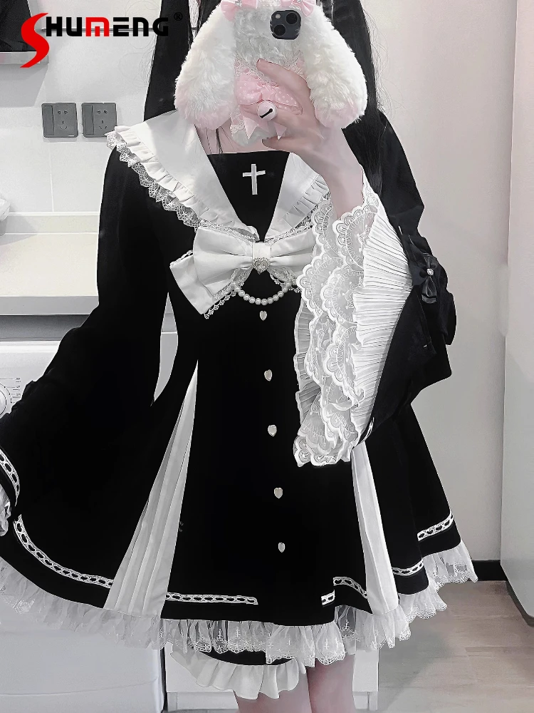 

Japanese Mines Style Dress Sets Embroidered Cross Flared Long Sleeve Striped Dress High Waist Shorts Two-Piece Set Women Autumn