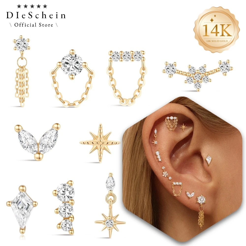 DIeSchein 14K Solid Gold CZ Dangle Chain Cartilage Stud Ear Star Butterfly Flat Back Helix Tragus Piercing Earring Women Jewelry