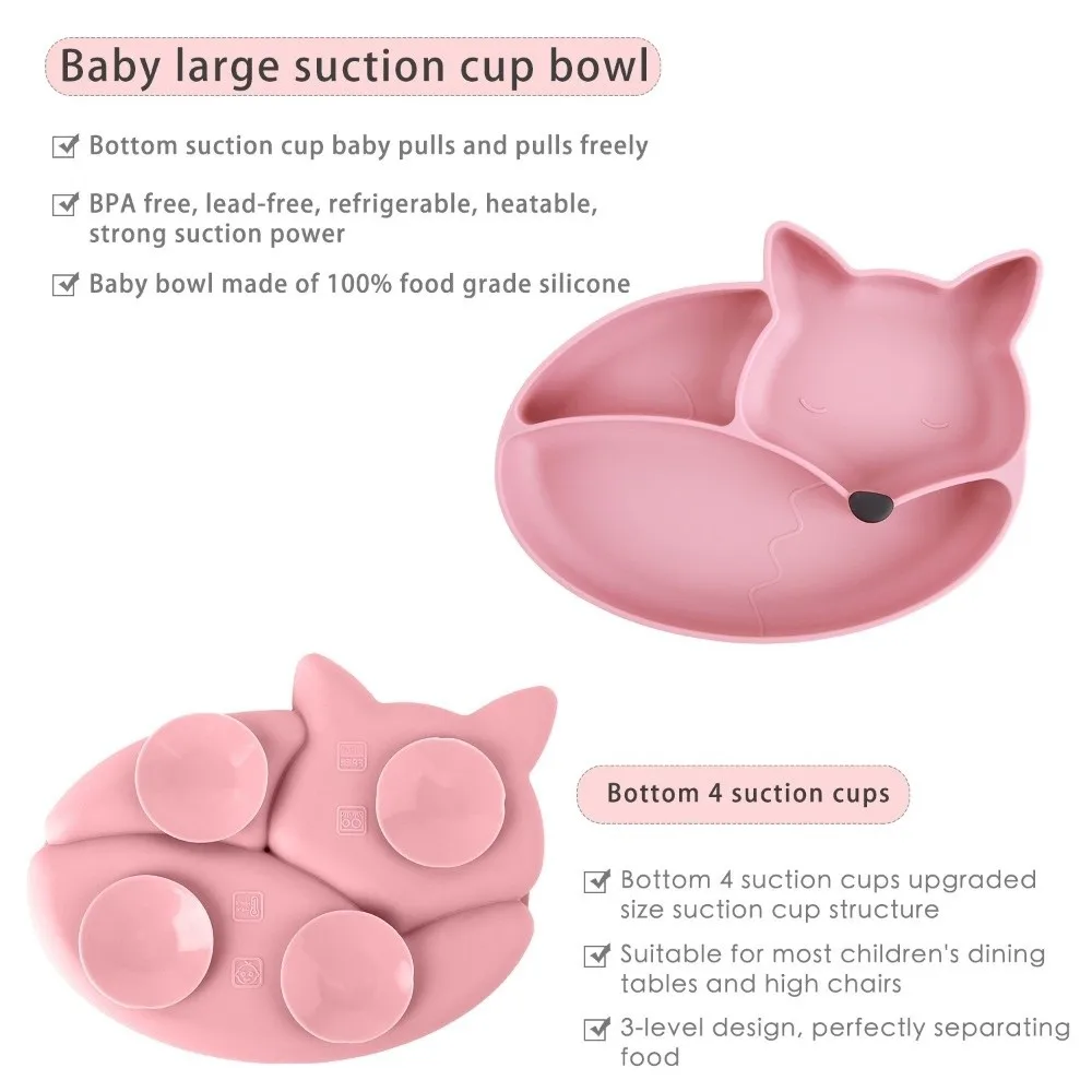 

Premium Silicone Suction Plate Food Grade Divided Bowls Cartoon Fox Self Feeding Training Plates for Toddler