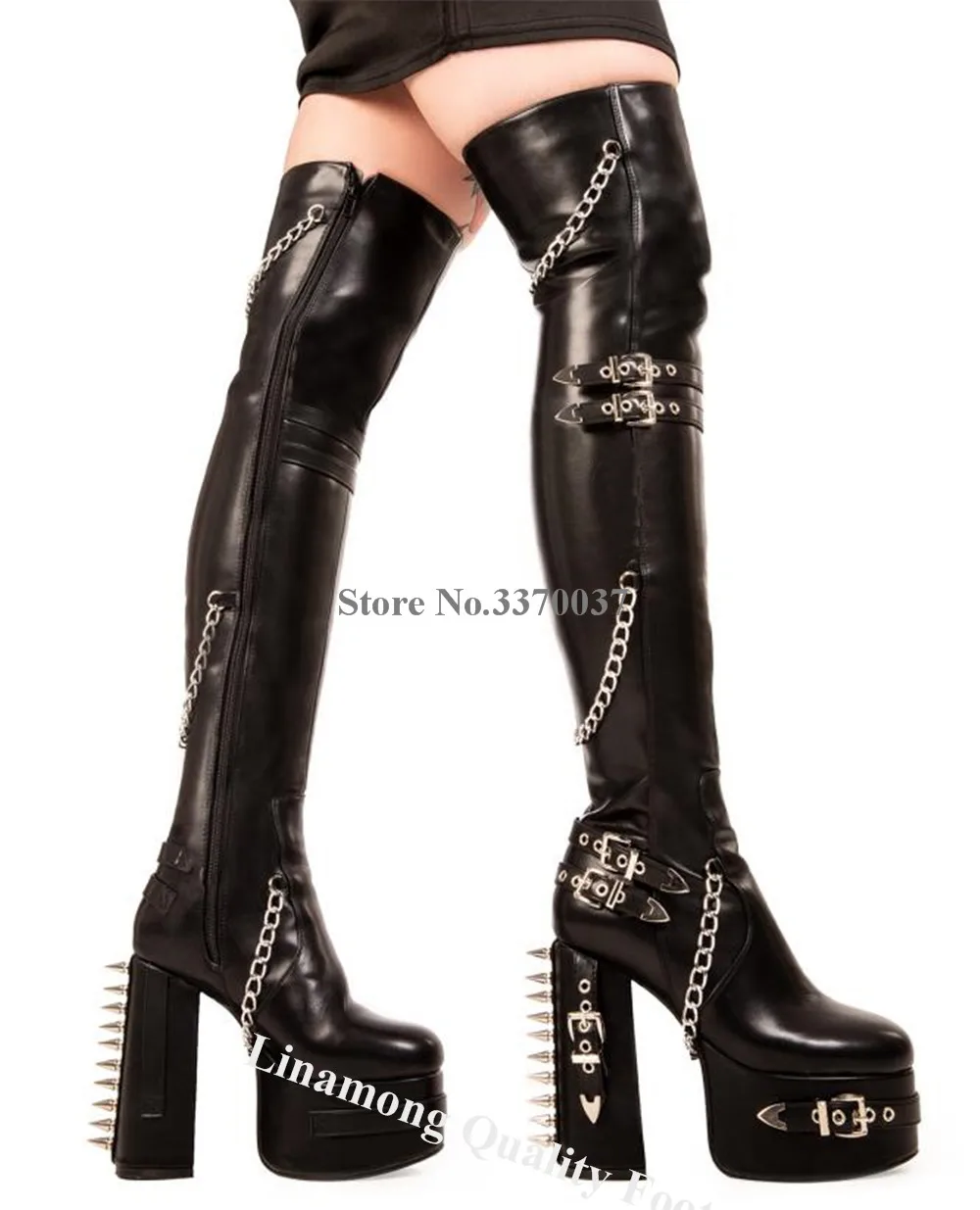 Metal Chains Buckles Decorated Over-the-knee Chunky Heel Platform Boots Linamong Black Leather Round Toe Rivets Long Boots