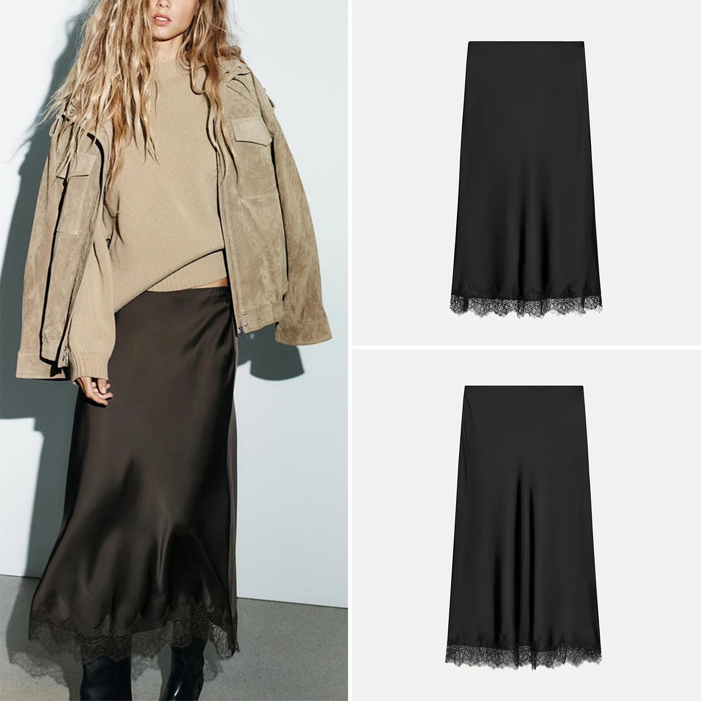 

Z Женская юбка-миди из шелкового атласа с кружевной отделкой Ele Faionable, новинка 2025 года, подходит для повседневного ношения, другие материалы, другие свойства