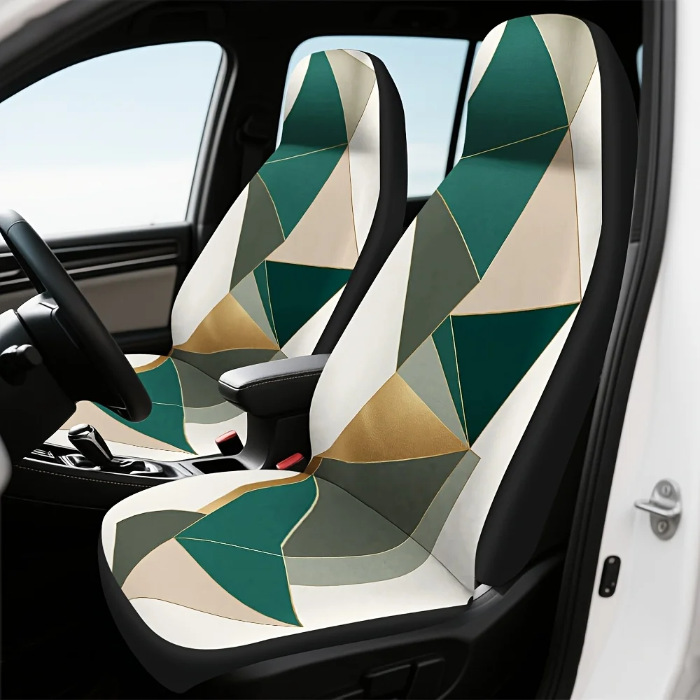 2pcs Modern Abstract Geometry Golden Line Car Seat Covers - Fit For All Vehicles, Washable & Comfortable With Golden Line Patter