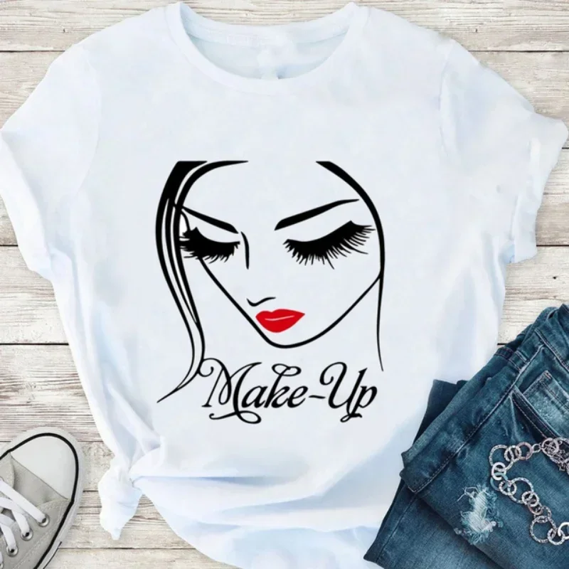 Abstract Line Face Print Women Twist Front Crop T Shirt Summer Short Sleeve Slim Tee