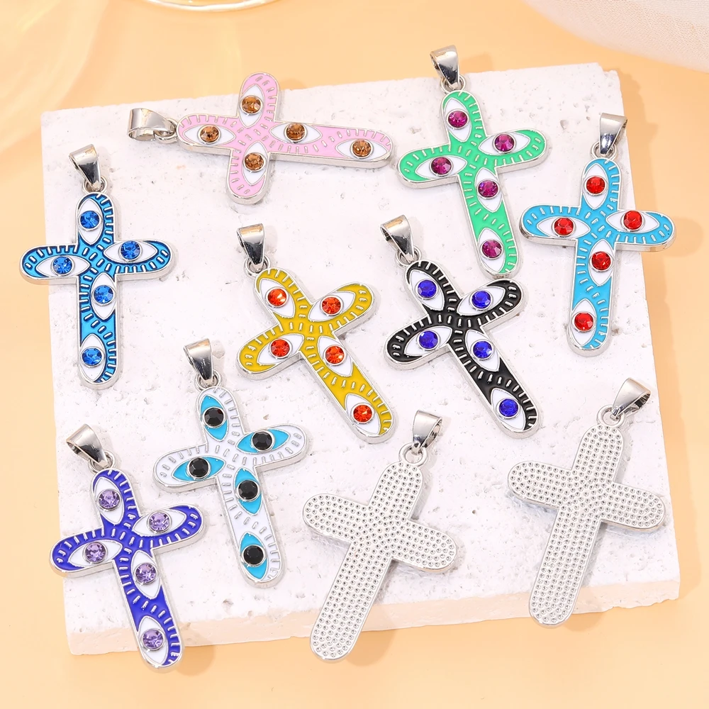Juya 18K Gold Silver Plated Colorful Enamel Crosses Charms For DIY Religious Rosary Greek Evil Eye Pendants Jewelry Making
