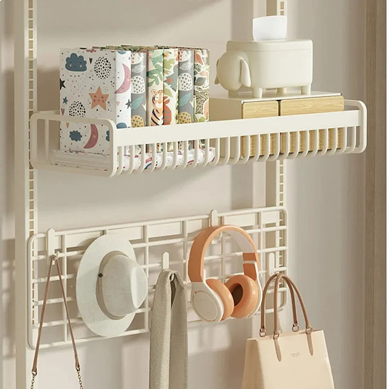 Cream Storage Cabinet with Hooks, Steel Display Shelf, Robot Vacuum Stand, Home Living Room Organizer