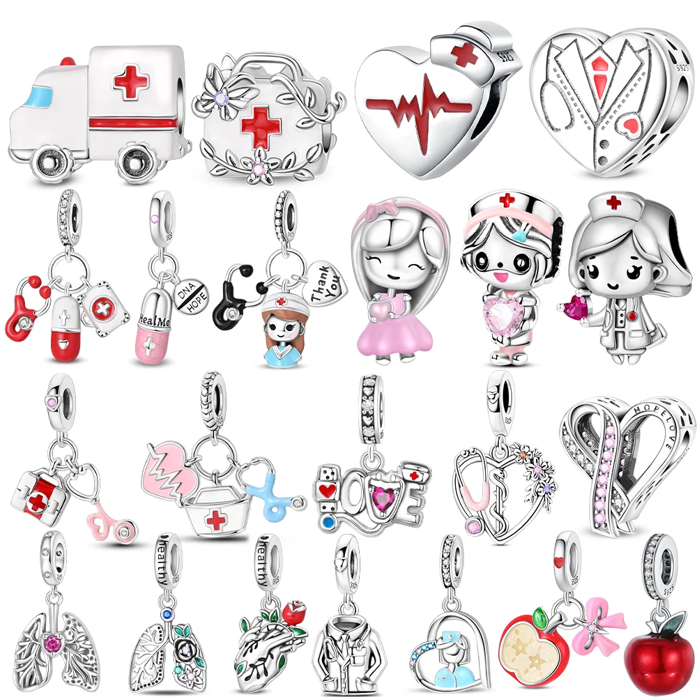 925 Silver Medicine Chest Stethoscope Set Charms Nurse Healthy Teeth Beads Pendant Fit Fashion Jewelry Original Bracelet Making