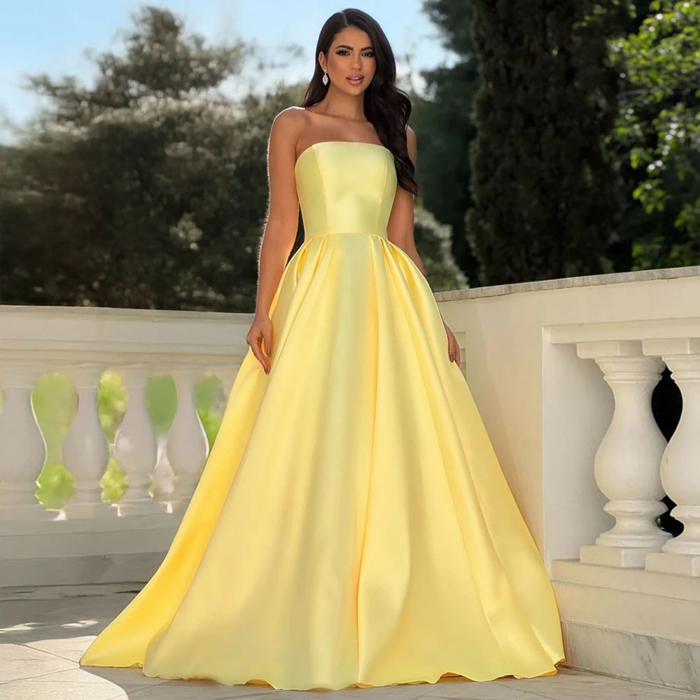 

Elegant Prom Dress Satin Strapless Sleeveless A Line Women's Prom Gowns Long Pleated Backless Floor Length Formal Party Dresses