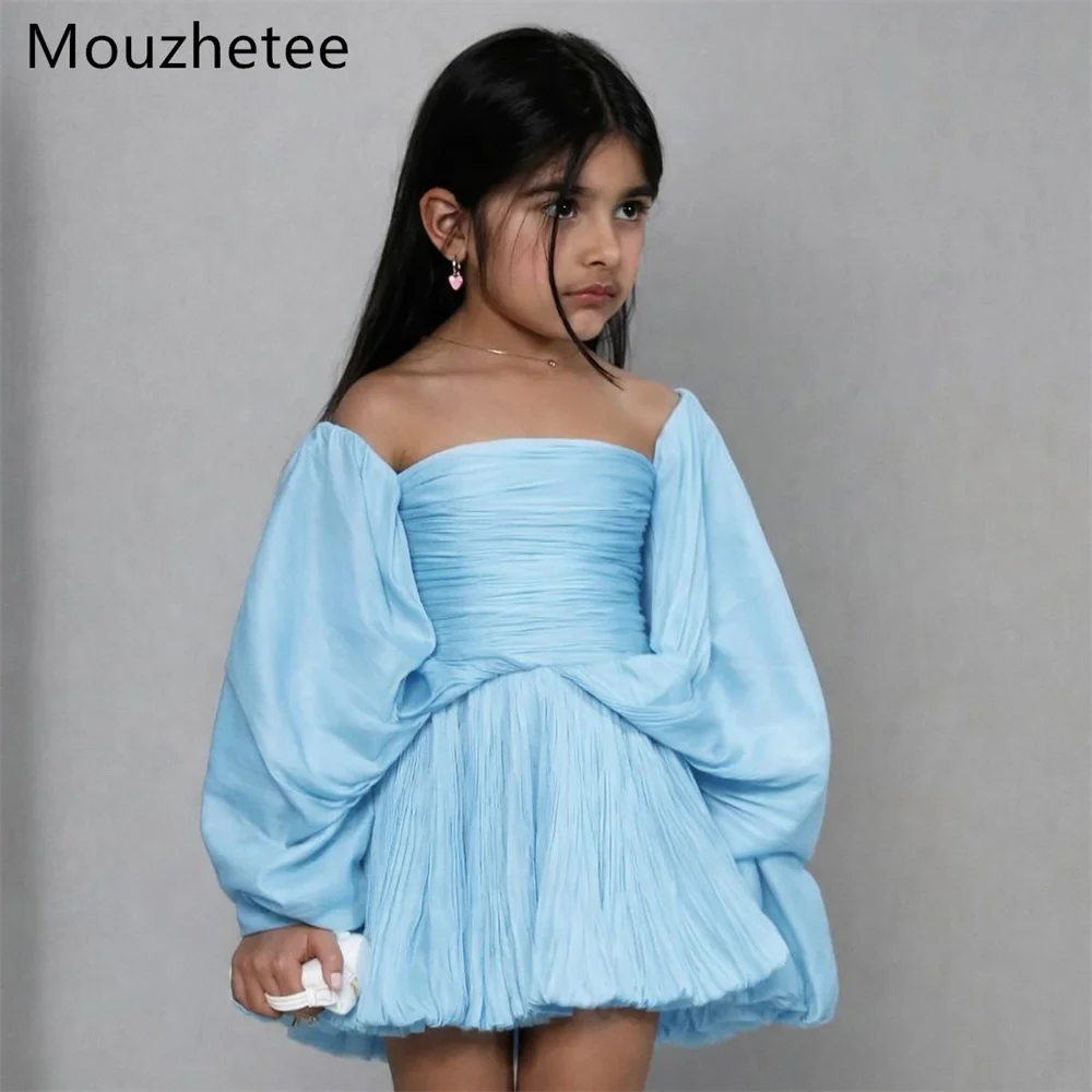 

Booma A-Line Off The Shoulder Blue Pleat Flowers Girl Dresses Wedding Party Dress for Kids Flowers Girls Prom Gowns Customized