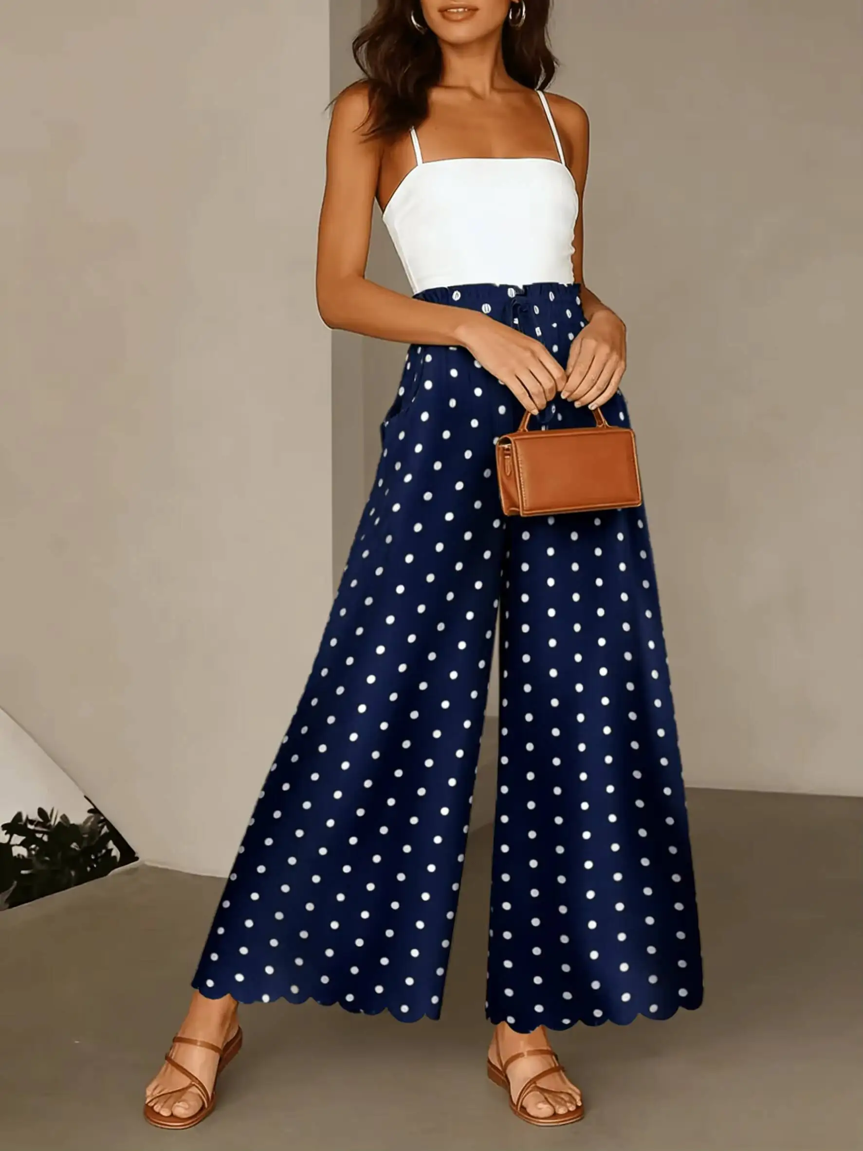 Women Wide Leg Pants High Waist Polka Dot Drawstring Scalloped Hem Pants Casual Pants Spring Summer Beach Vacation Loose Pants