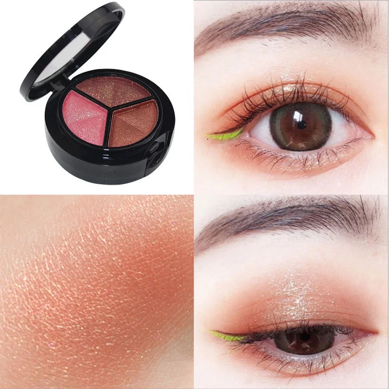 Paleta de sombras de ojos con brillo, 3 colores, maquillaje con espejo, sombra de ojos ahumada metálica, resistente al agua, sombra de ojos mate de larga duración