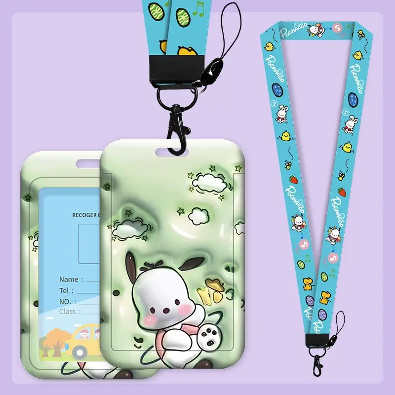 

3D Funny Sanrio Kuromi Melody Student ID Card Holder with Lanyard Cute Pochacco Protective Card Case for School, Bus, Access