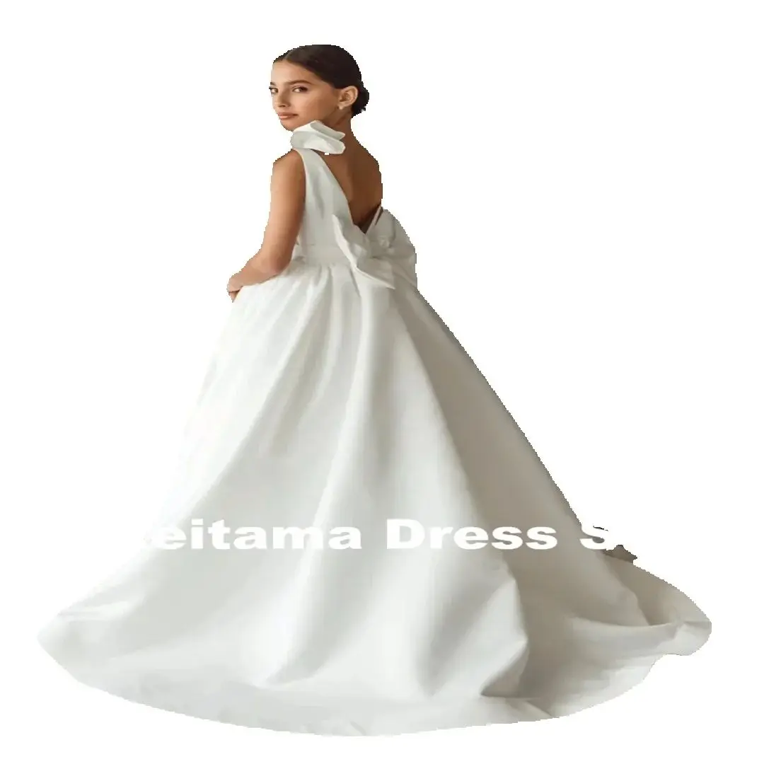 Customization Flower Girl Dresses Satin Solid With Bow Sleeveless For Wedding Birthday Banquet First Communion Gowns