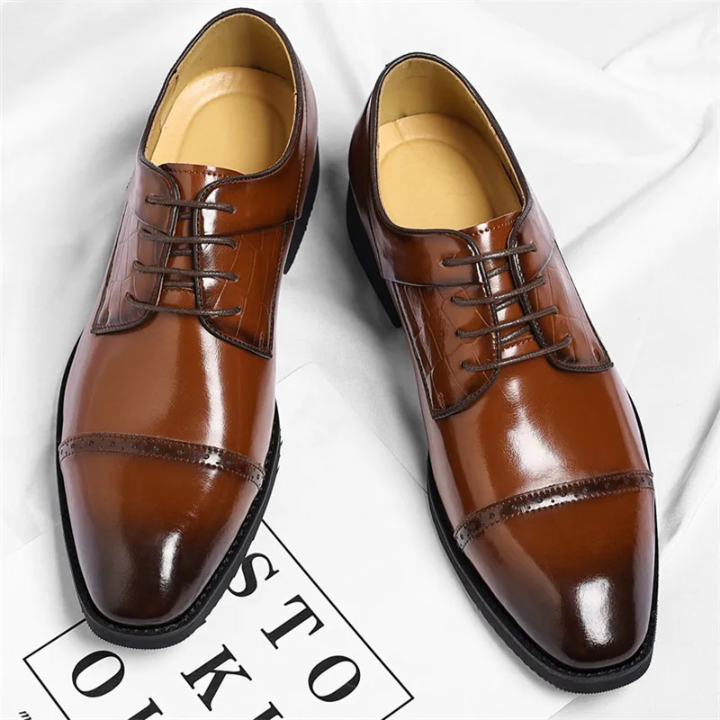 New Designer Male Black Brown Lace Up Formal Dress Derby Leather Shoes For Men Casual Wedding Party Prom Homecoming Footwear