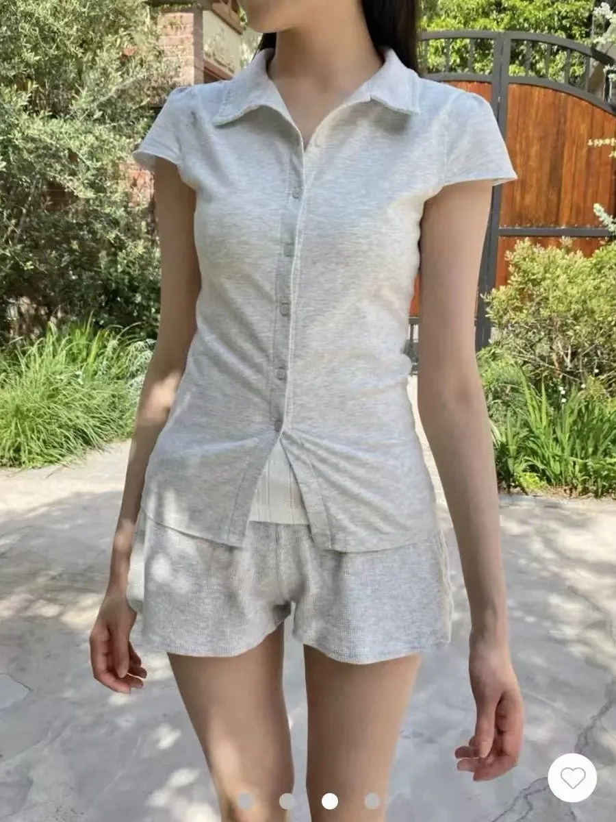 Simples cinza algodão macio manga curta camisetas femininas verão turn down collar estilo preppy topos blusa doce chique all-match camisetas