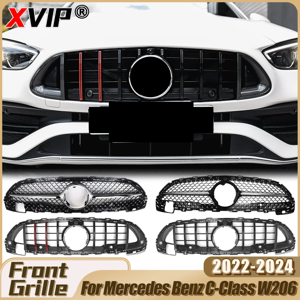 

XVIP Front Glossy Black Red BRS Style Bumper Grille For Mercedes Benz C W206 C180 C200 C350 2022-2024 Diamonds Style Upper Grill