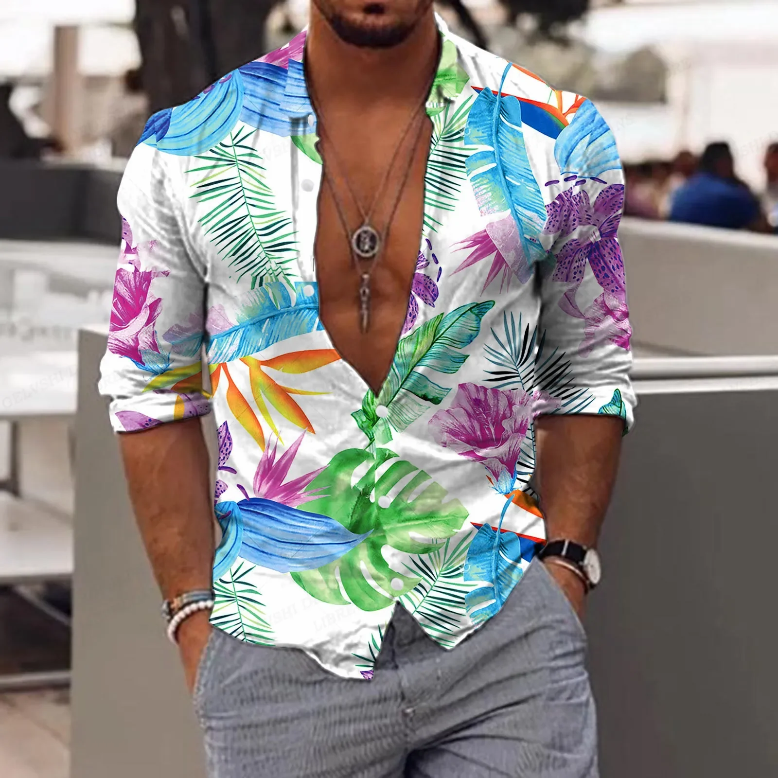 New Trend Men\'s Shirts Men\'s Casual Floral Printed Shirts Lapel Button Long Sleeve Shirts Men\'s Light Luxury Tops