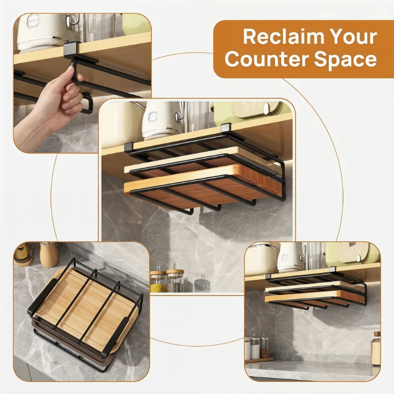 Organizador Colgante para Debajo del Gabinete de Cocina con Ganchos para Toallas de Papel, Tabla de Cortar y Tapas de Ollas, Multiusos