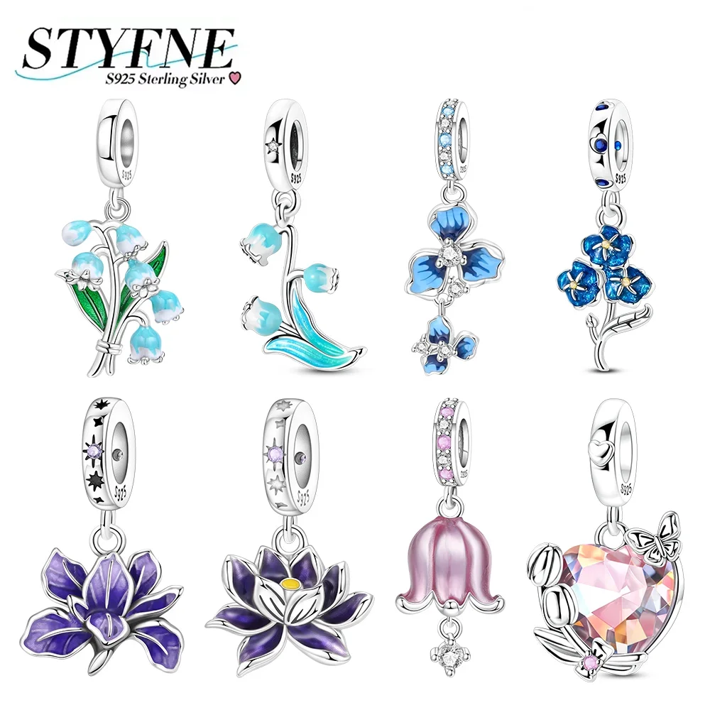 

925 Silver Flower Series Charms Purple Iris Lily Pink Lily Beads Pendant Fit Original Bracelet Fashion Jewelry Diy Women Gifts