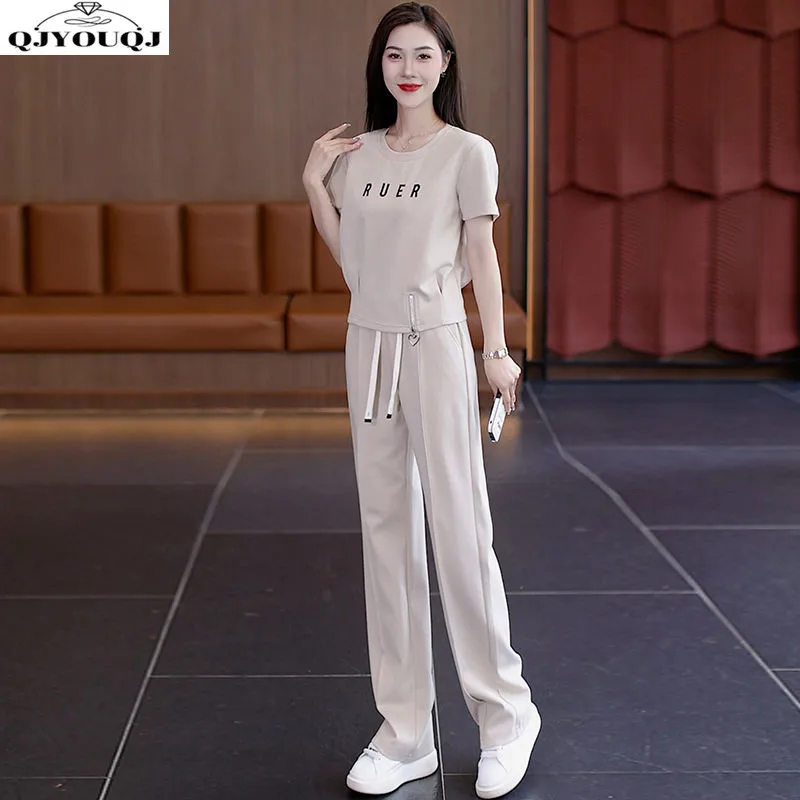 

2024 Spring/Summer Korean Edition New Set Fashion Casual Top+Wide Leg Sports Pants Two Piece Set