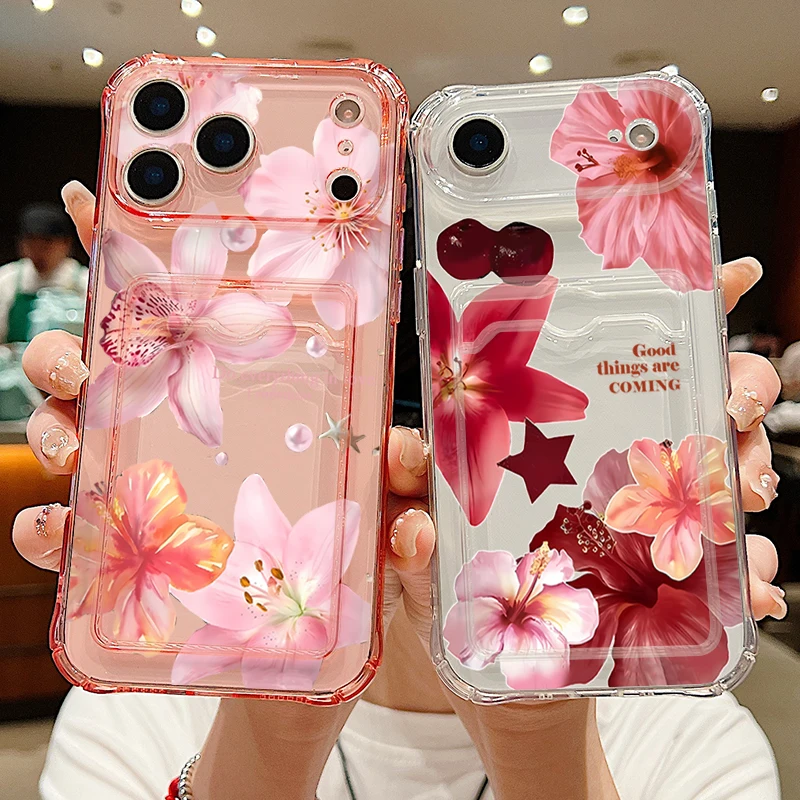 Funda de teléfono transparente con ranura para tarjetas para iPhone Air 16e 17 16 15 Pro Max 14 13 Pro Max 12 11 funda de silicona suave con patrón de flores de lirio