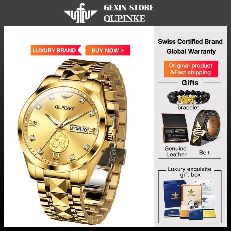 OUPINKE Real Gold Real Diamond Couple Watch Tungsten Steel Strap Sapphire Mirror Wristwatch Luxury Gifts His Hers Watch Sets