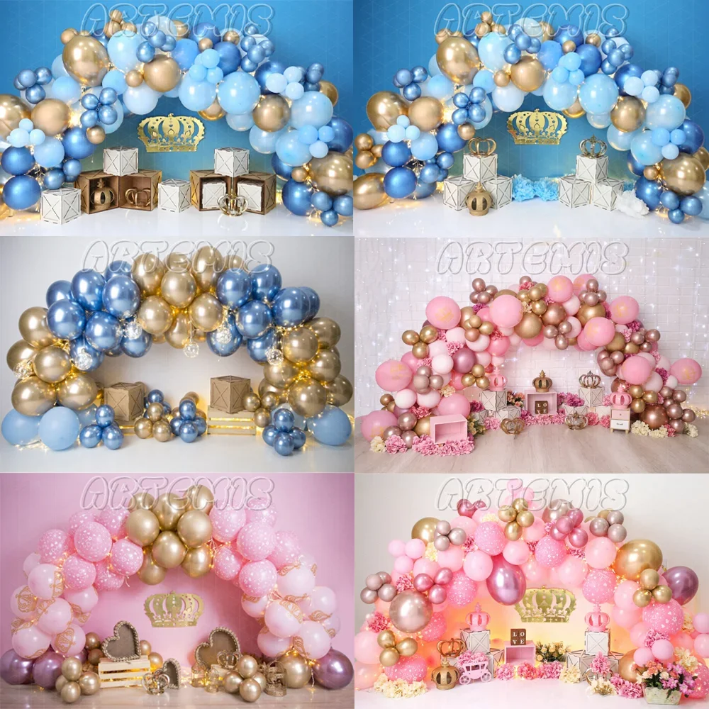 

Baby's Birthday Cake Smash Photography Backdrop Blue Golden Balloons Prince Crown Decoration Portrait Background Photo Studio