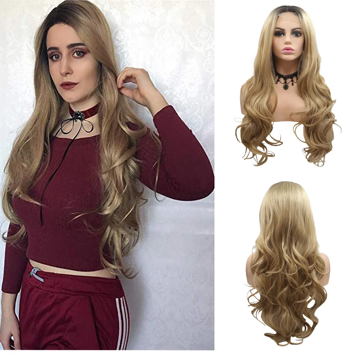 1 × 4 شعر صناعي بدانتيل أمامي على شكل حرف T 24 بوصة أرجواني وذهبي شعر مجعد مموج مناسب للحفلات اليومية للنساء شعر مستعار مقاوم للحرارة