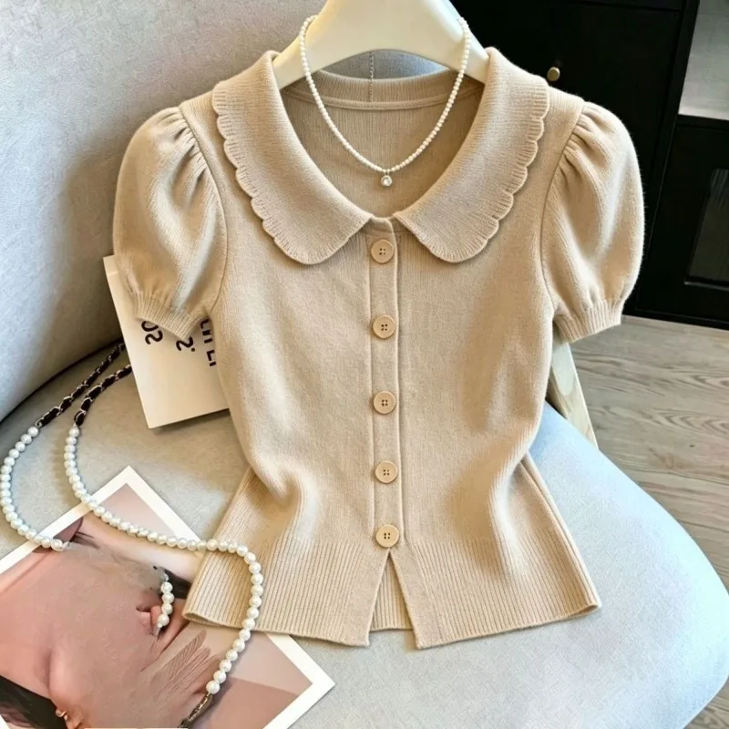 Knit T Shirt For Women Puff Sleeve Solid Spring Summer Slim Fit Ropa De Mujer Peter Pan Collar Sweet Versatile Short Tees