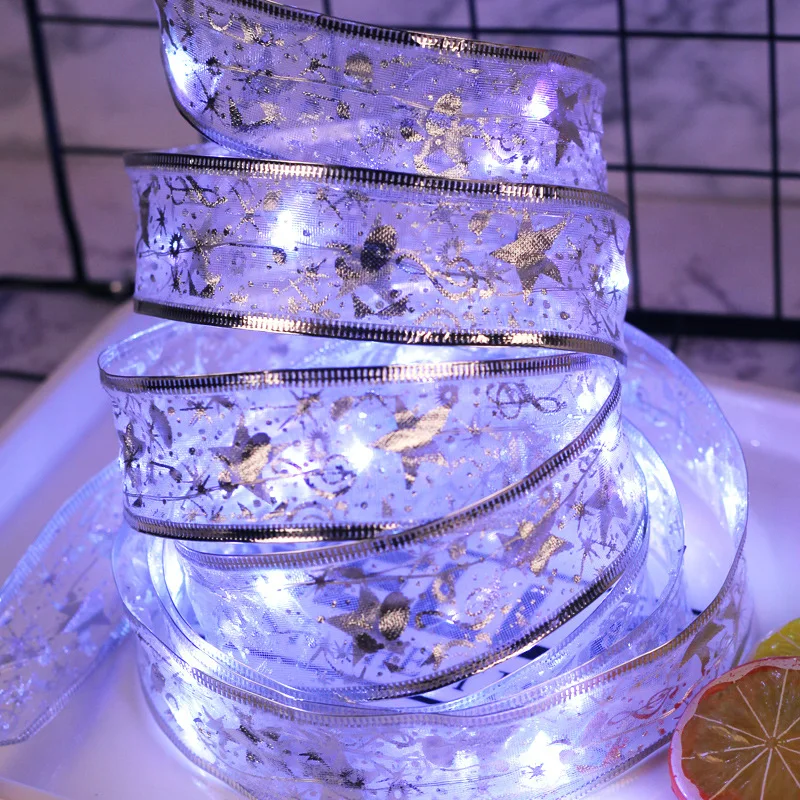 Christmas Decorations LED Ribbon Lights Christmas Tree Ornaments DIY Lace Bows String Light Xmas Party Home Decors New Year 2025