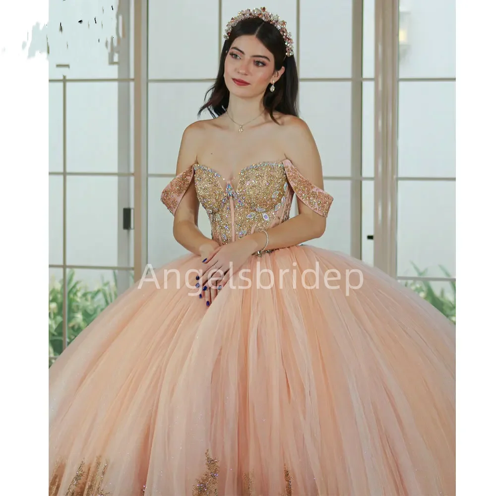 Angelsbridep Pink Ball Gown Quinceanera Dresses 2025 With Gold Sequined Appliques Beading Party Gown Vestido De Quinceañera