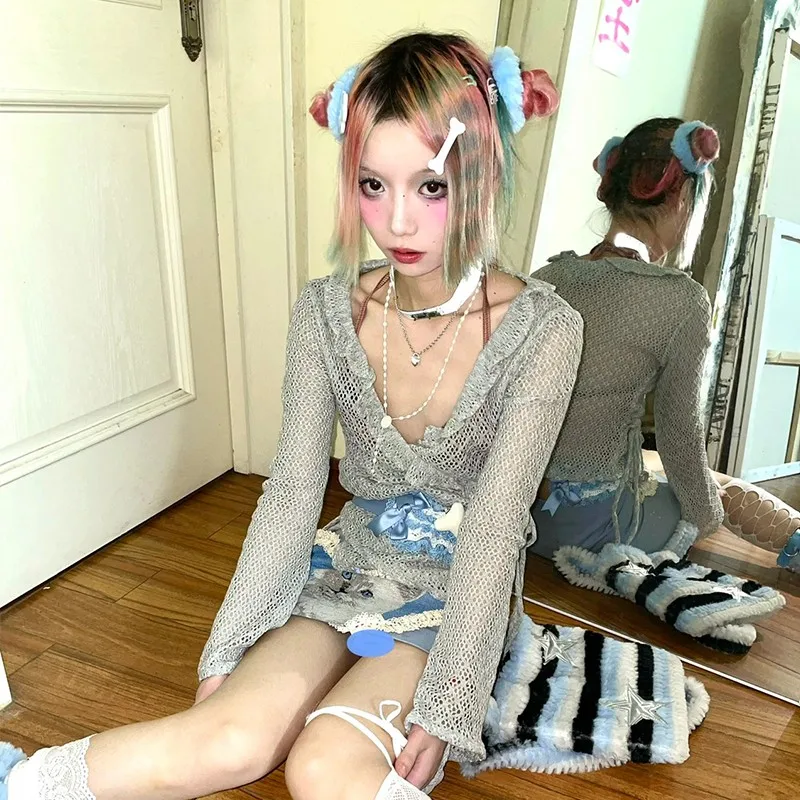 Japanese Gothic Y2k Hollow Out Cardigan 2000s Aesthetics Thin Knitwear Vintage Harajuku Irregular Knitted Top E-girls Fairycore