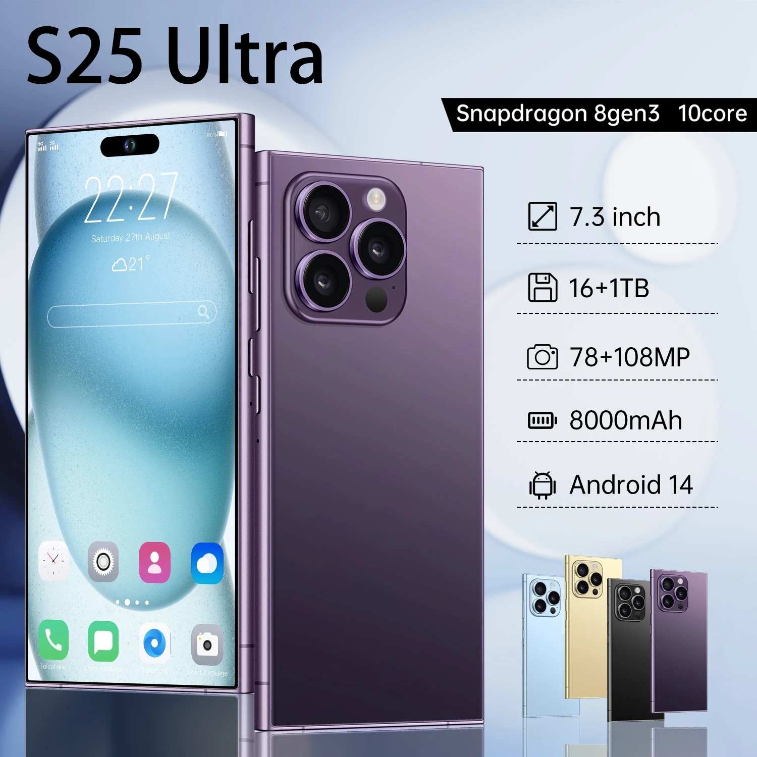 2024 New S25 Ultra 5G 7.3-inch high-definition Android 14 Snapdragon 8gen3 10core dual SIM 8000mAh unlocking smartphone