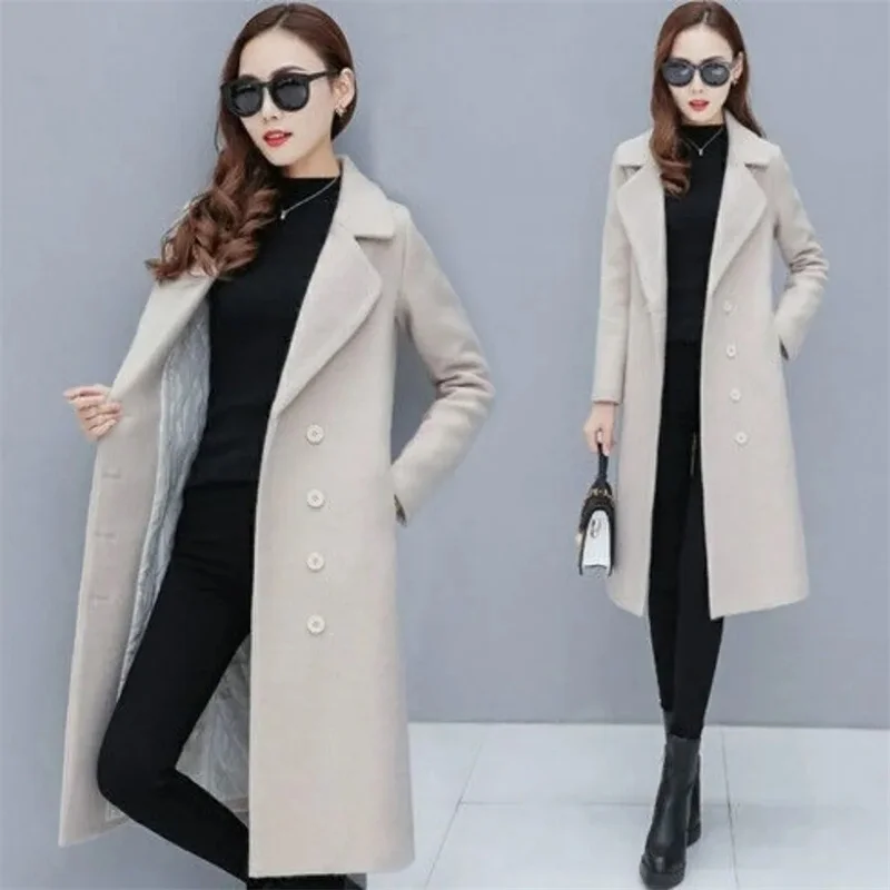 Female Woolen Coat Velvet 2023Women\'s Double-Breasted Woolen Coat Spring And Autumn Woolen Coat Fashion Suit Collar ThickTrench