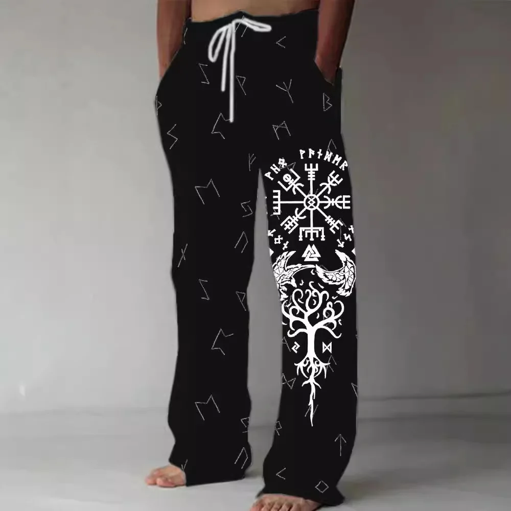 Casual Fashion Men's Wide Leg Pants Loose Linen Material Digital Printing Comfortable Straight Cut Polyester Blend Trousers