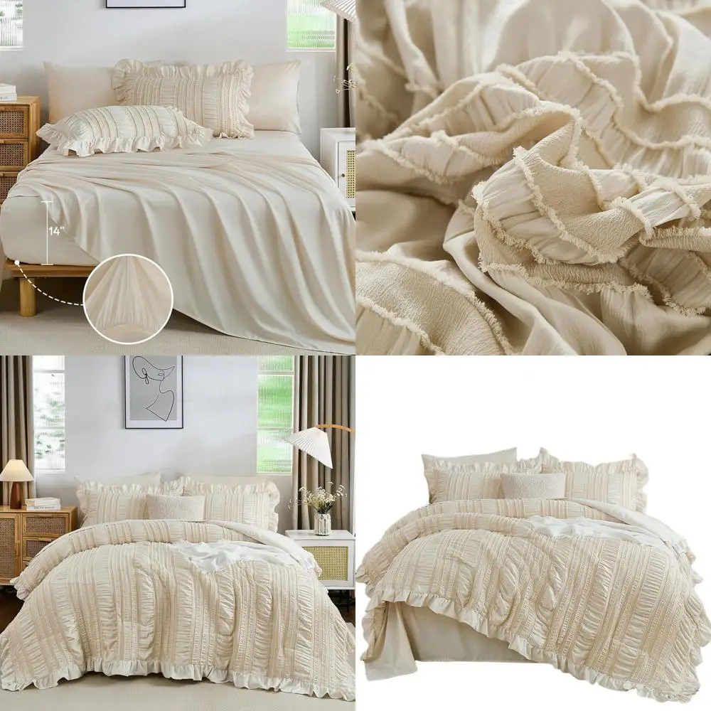 

Полноразмерный бежевый комплект одеял с рюшами и текстурой Seersucker для комнат в общежитии, кружевное постельное белье 90x78 для девочек