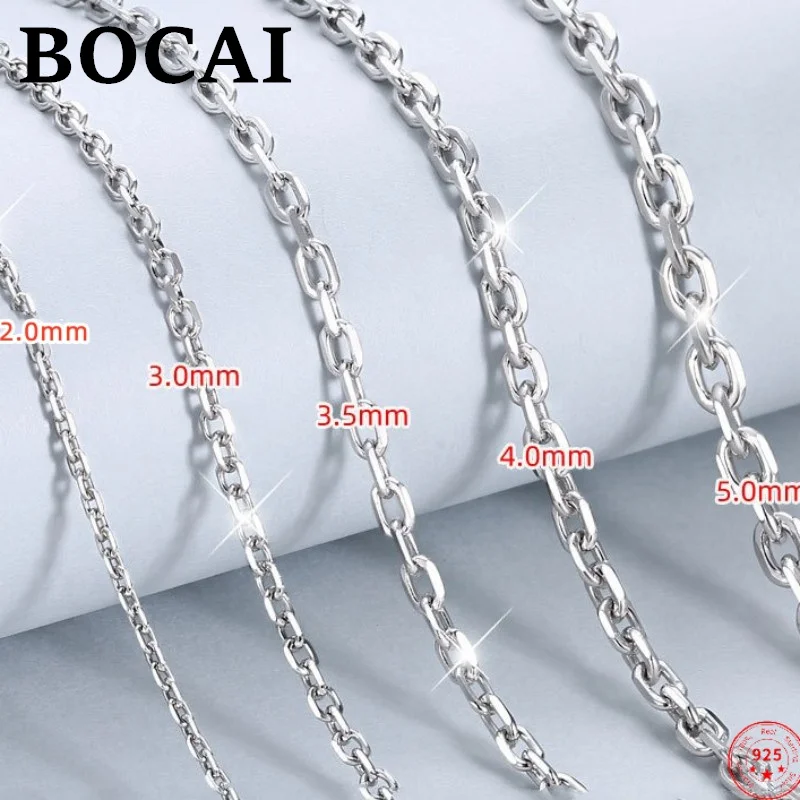 BOCAI Trendy S925 Sterling Silver Necklace 2mm-5mm Wide Cross O-chain Platinum Plating Argentum Neck Jewelry for Women Men