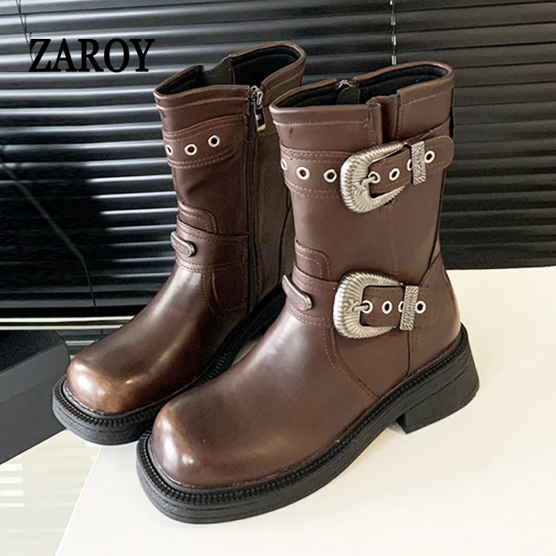 ZAROY Zipper Ankle Boots For Women Winter Punk Belt Buckle Thick Bottom Short Boots Western Cowboy Knight Botas Gothic Booties