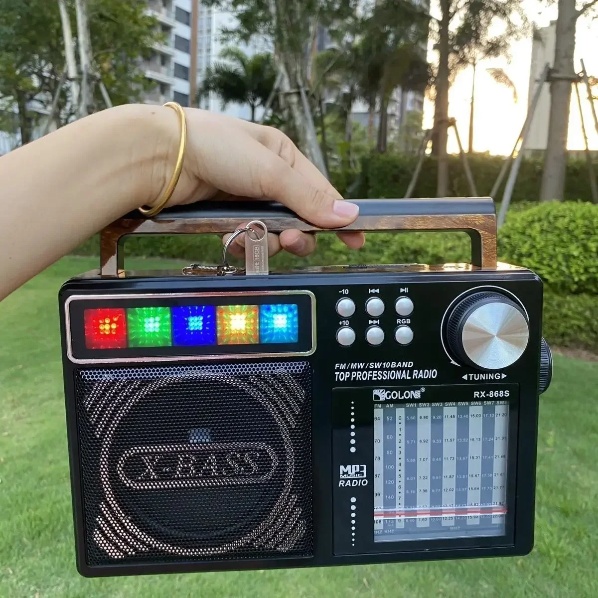 

Portable Multifunctional Solar Bluetooth Speaker AM FM SW 3 Bands Radio Retro Rechargeable with RGB Light Stereo Sound RX-868S