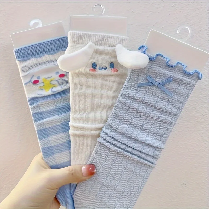 

3 Pairs Sanrio Girls Cartoon Cinnamoroll Blue White Crew Socks, Sweet Bow Frilled Mid Tube Socks, Women's Stockings & Hosiery