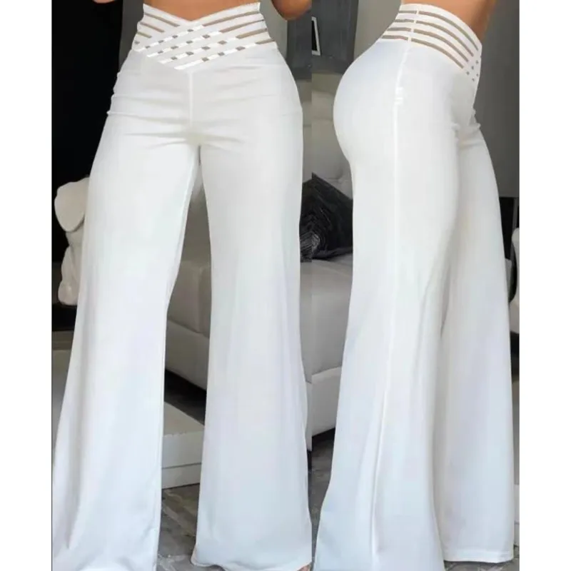 

Fashion Office Pants Trousers Casual Crisscross Sheer Mesh Patch High Waist Womens Flared Pants Elegant Wide Leg Y2k Streetwears