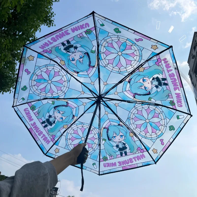 漫画アニメ初音ミク傘、ガラス色透明折りたたみポータブル黒接着剤日焼け止め傘学生ギフト