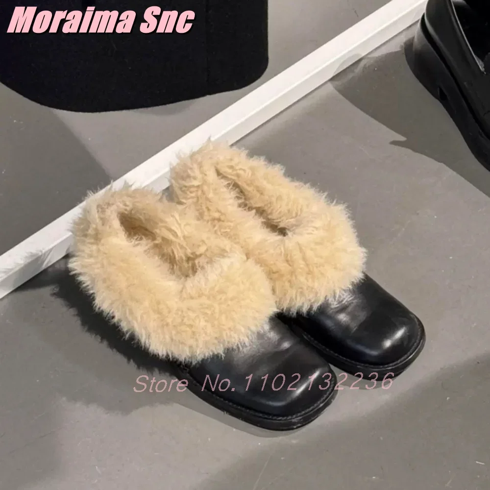

Square Toe Fluffy Fur Mary Janes Block Chunky Heel Slip On Fashion Warm Women's Loafers Black Solid Casual Outdoor 2025 Spring