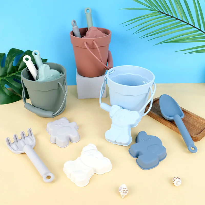 Neues Design, 6 Stück, Silikon, lustiges Sommer-Outdoor-Spielzeug für Kinder mit Eimer, Strandspielzeug, umweltfreundliches, lebensmittelechtes Strandspielzeug für Kinder