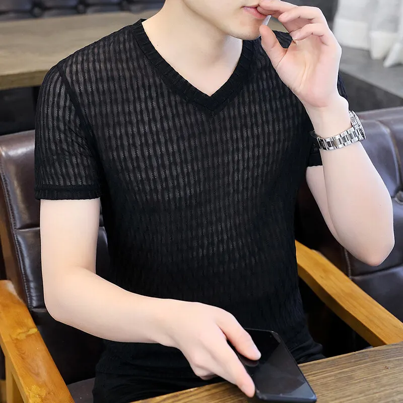 

Mesh Breathable Icy Silky T Shirt Man V-Neck Short Sleeved Casual Summer Coolness Quality Slim Fit Stretchy Tees Camiseta Hombre