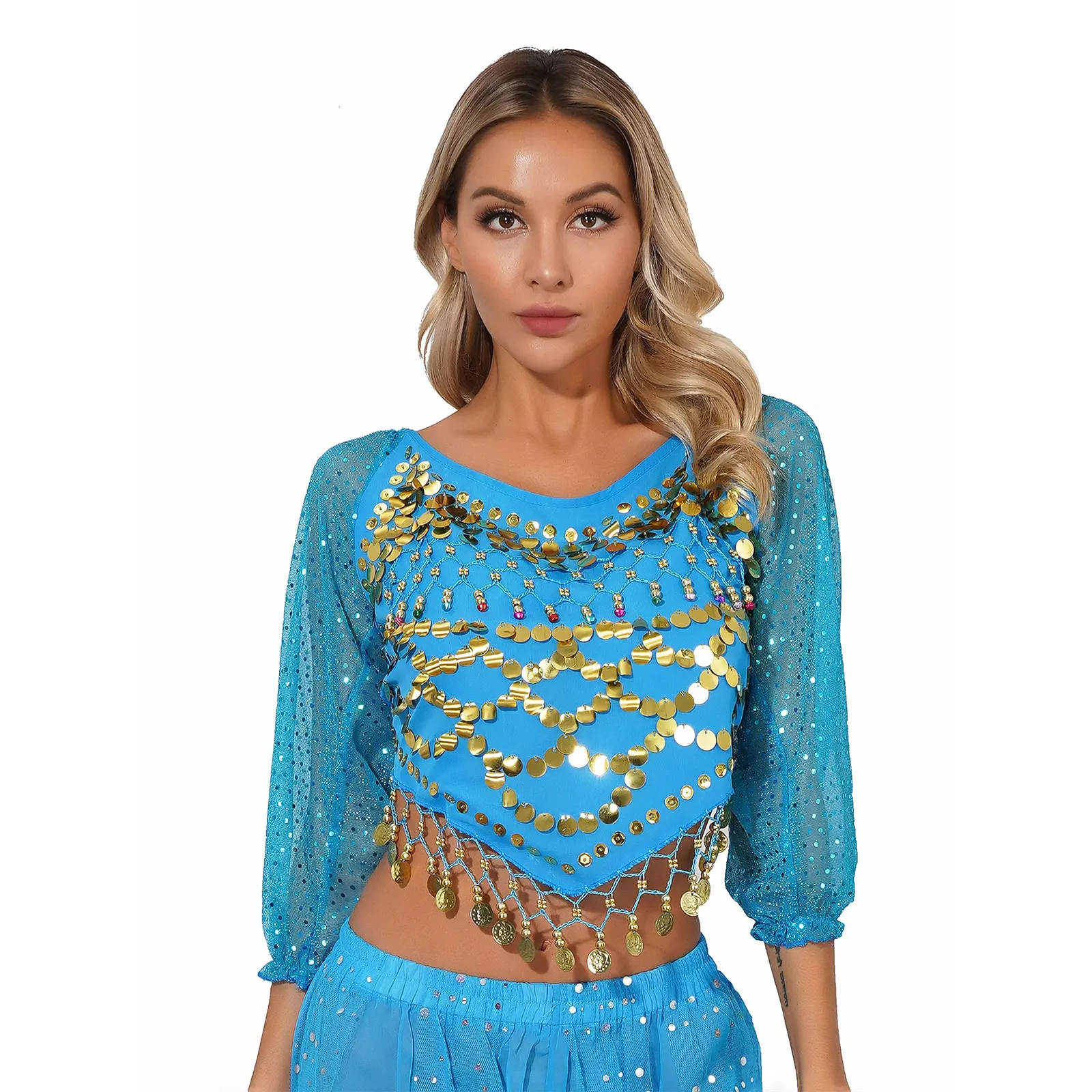 

Womens Shiny Sequined Long Sleeve Belly Dance Chiffon Tops Self-tie Back Irregular Hem Crop Top Carnival Performance Costume