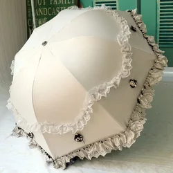 3D Flower Lace Trim Sun Umbrella Black Coating Anti UV Sunscreen Outdoor Portable Women Parasol Strong Wind Resistant Vintage