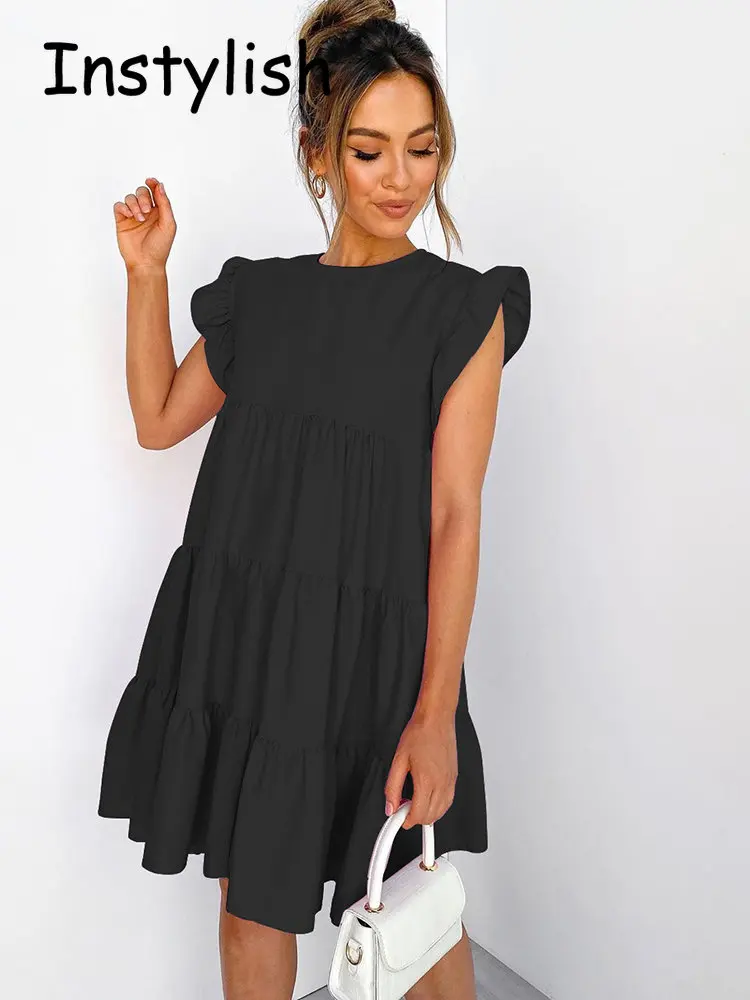 Kobiety w stylu Casual, z falbanami rฤkaw O szyi luลบna sukienka w stylu Vintage Harajuku solidna Mini sukienka Casual impreza na plaลผy Sundress