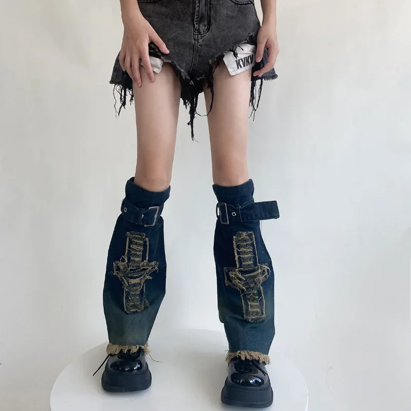 Harajuku Punk Rock Leg Warmers Women Star Denim Adjustable Belt Knee High Socks Japanese Y2k Gothic Gyaru Party Foots Cover